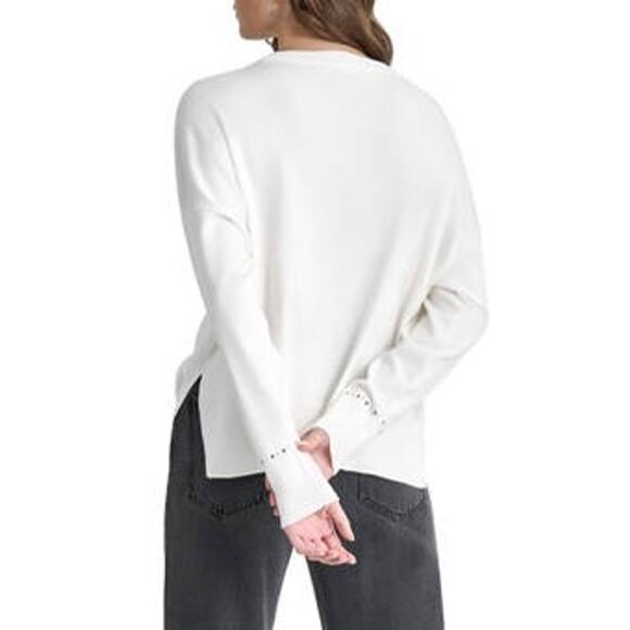 DKNY White Crewneck Stud Trim Split Hem Oversized Long Sleeve Sweater XL NWT - Picture 2 of 14